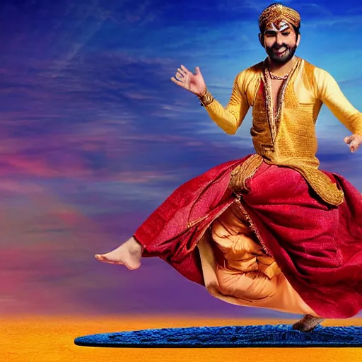 Image similar to bad photoshop of an indian man on a flying carpet singing alladin