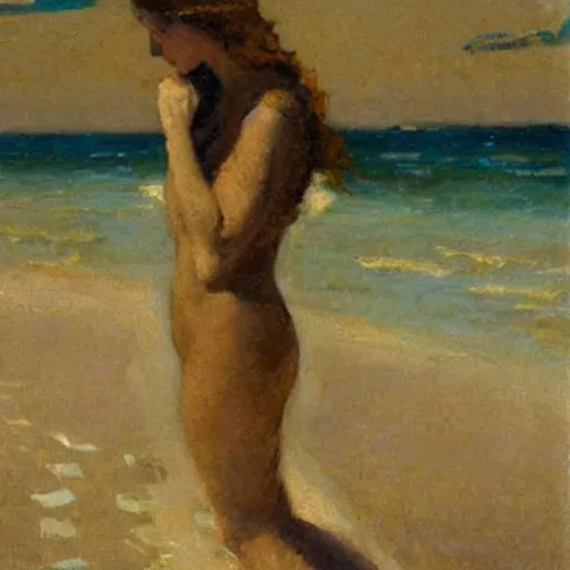 Prompt: woman on the beach, dean cornwell style