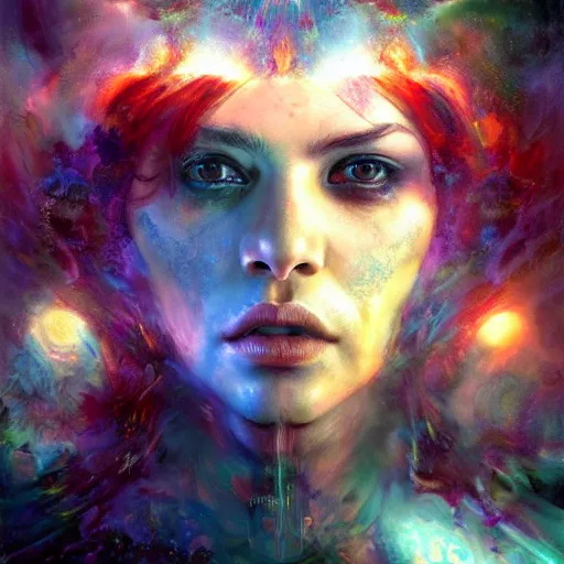 Image similar to lsd trip with krishina in his infinite forms by raymond swanland, highly detailed, bright tones