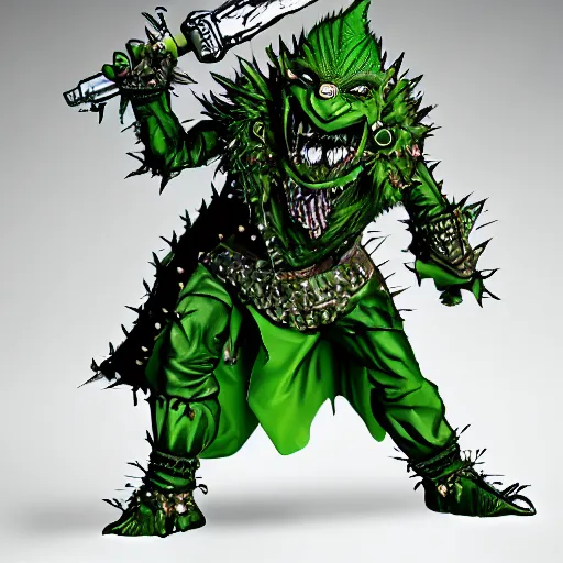 Prompt: green skinned goblins in spiky punk jackets, stealing gold from a cyber bank, fantasy style, detailed