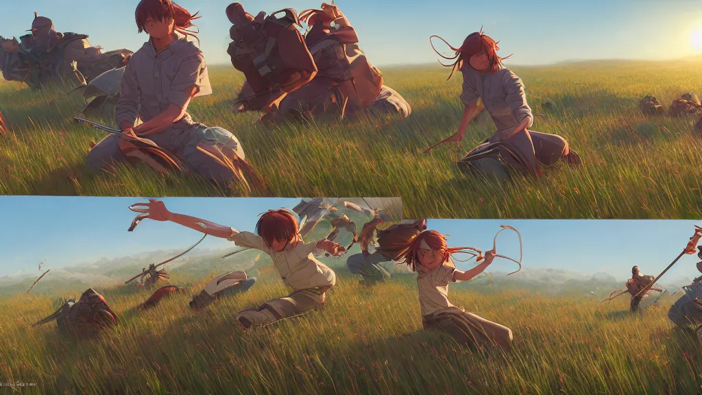 Image similar to highly detailed comic spread combination of art styles depicting an impactful action scene on open meadow clear sky at noon with expert design fictional characters, dynamic art by sakimi, bright colors, moebius, makoto shinkai, murata, james jean, craig mullins, digital painting, masterpiece, best selling, pixiv, volumetric lighting, realistic shaded lighting, 8 k