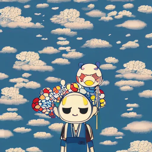 Image similar to a man walking on clouds above kyoto by takashi murakami,, aya takano color style, 4 k, super detailed