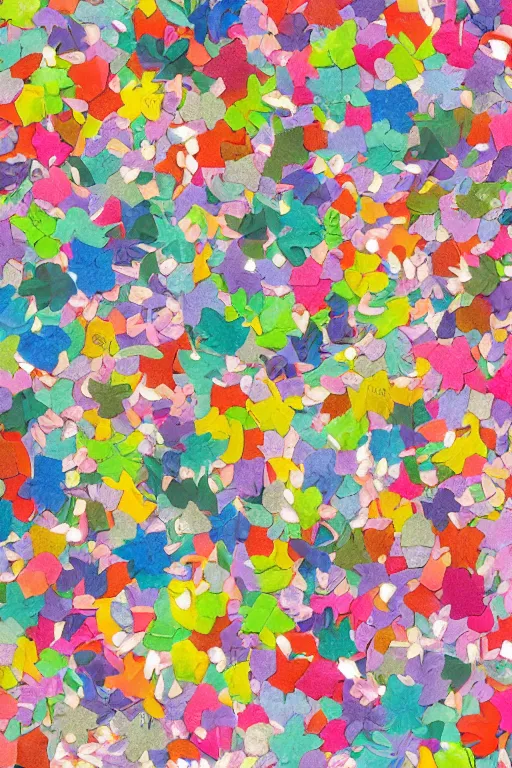 Image similar to detailed illustration, a confetti background, collage, may gibbs, layered composition, layers, texture, textured, layered, sculpted, dynamic, 🦋, 🎈,