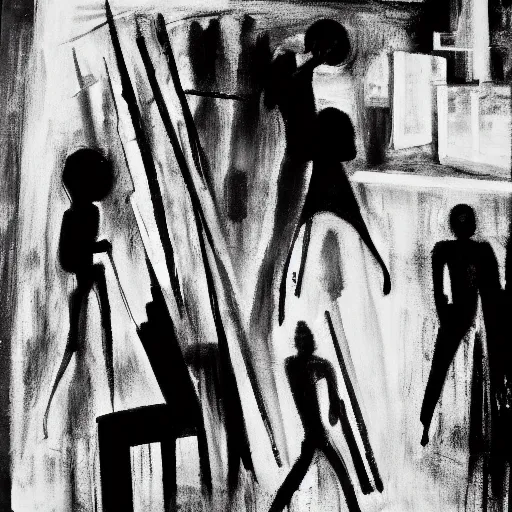 Prompt: visual representation of be - bop jazz music, black and white, abstract, dark, unreal, insightful, philosophical, moma museum,