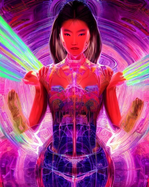 Prompt: a powerful energy psychedelic matrix asian woman, by alexander fedosav, hyper detailed digital matte painting, concept art, hyperrealism, 1 6 k resolution, cinema 4 d, 8 k resolution, trending on artstation, behance hd, a masterpiece, by stephan martiniere, particles, cel - shaded, power bright neon energy, by david a. hardy,