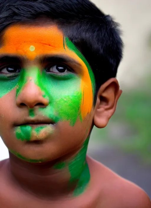 Image similar to a young indian boy with saffron white and green stripes painted on his face, indian flag, chakra in the center