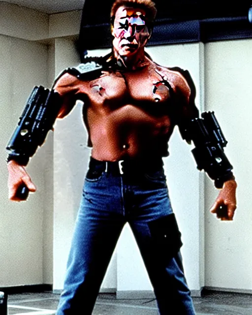 Image similar to arnold schwarzenegger as a damaged terminator, red eye, photo