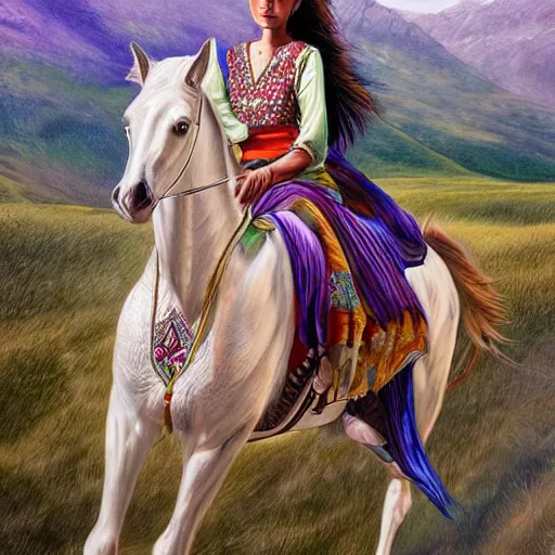 Image similar to a beautiful young kurdish woman riding a beautiful white horse in the kurdish mountains art by martin ansin, highly detailed, 8 k, high resolution, award winning art, incredibly intricate, beautiful and symmetrical face