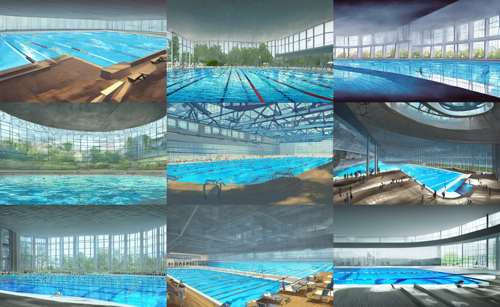 Prompt: huge olympic swimming pool with bay window, artstation, architecture, illustration,