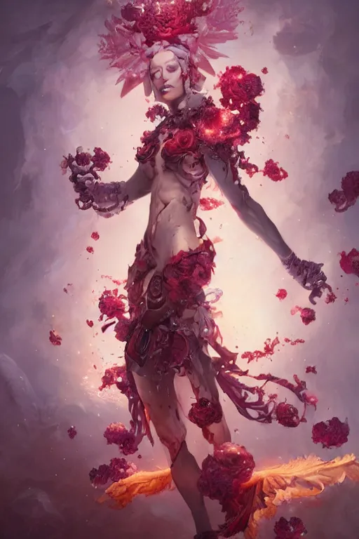 Image similar to beautiful girl necromancer covered with blood exploding crystals, 3 d render, hyper realistic detailed portrait, holding magic flowers, scifi, fantasy, hyper detailed, octane render, concept art, peter mohrbacher, artgerm, ruan jia, wlop