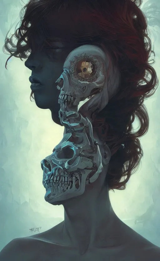 Image similar to portrait of a dark girl with skull poking through , surreal, intricate, headshot, highly detailed, digital painting, artstation, concept art, cinematic lighting, illustration, art by artgerm and greg rutkowski, alphonse mucha, cgsociety, science fiction