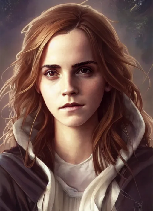 Prompt: emma watson as hermione granger at hogwarts!!!. beautiful detailed face. by artgerm and greg rutkowski and alphonse mucha