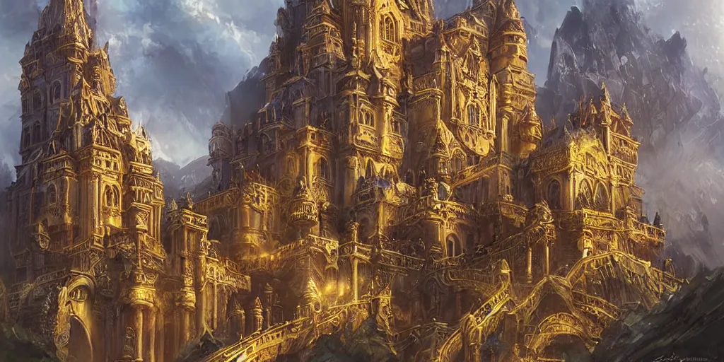 Image similar to rendered ominous ornate obsidian castle with gold filigree on high cliffs with rivers and waterfalls of glowing melted gold. by krenz cushart and by magali villeneuve. power and beauity.