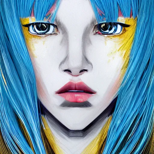 Image similar to profile shot of rimuru tempest, sky blue straight hair, long bangs, gold eyes, wearing a black jacket with white stripes, high collar, ultra detailed, wild brush strokes, digital painting, cinematic, wlop, artgerm, pixiv, yoshitaka amano, greg rutkowski, ilya kuvshinov, andy warhol