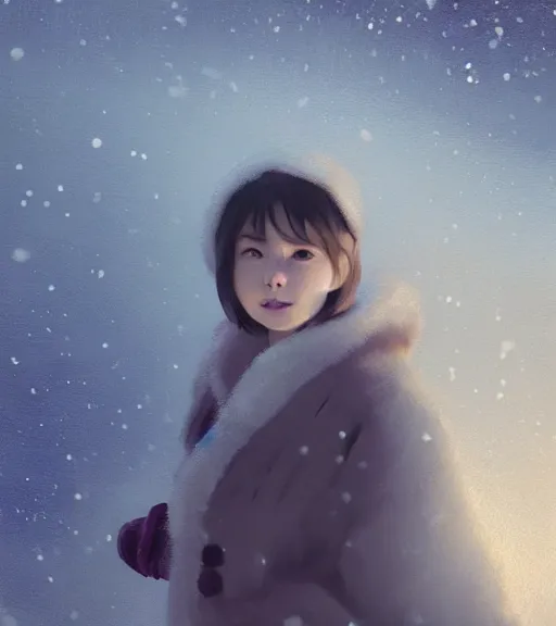 Prompt: face portrait of a beautiful girl in a coat, close portrait, snow - covered small house in a background, night, stars in the sky, the milky way in the sky, winter landscape, painting by craig mullins, octane rendering, wide angle lens, in the style of hayao miyazaki, trending on artstation,