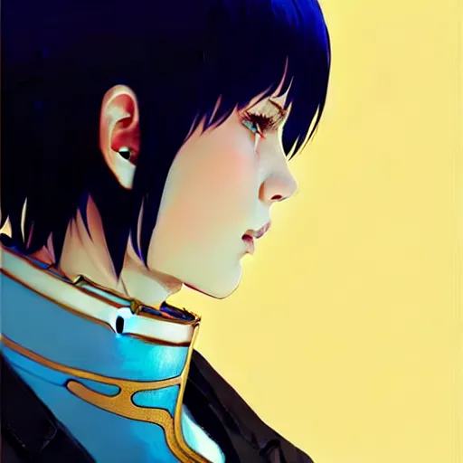 Prompt: side profile of ilya kuvshinov with sky blue hair, sharp face, gold hazel eyes, high collar, black jacket, professional digital painting, concept art, award - winning photography, cinematic, stained glass window, wlop, art by pixiv art, yoshitaka amano, junki ito