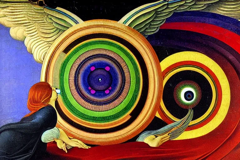 Image similar to painting of rainbow ophanim surrounded by large diagonally rotating rings, ophanim has bird wings, giant eyeball in the middle of the ophanim, by roberto. ferri, sandro botticelli, by caravaggio, by alexandre cabanel, by george clark stanton, amazing details, mythological, biblical, beautiful composition