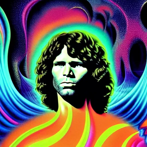 Prompt: a portrait of jim morrison by a mythical crystal temple, fractal waves, synthwave, bright neon colors, highly detailed, cinematic, eyvind earle, tim white, philippe druillet, roger dean, ernst haeckel, lisa frank, aubrey beardsley