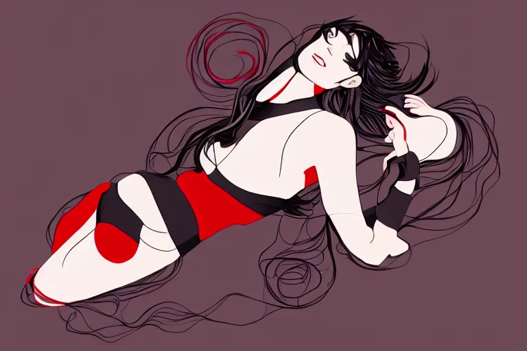 Image similar to a girl laying in an artsy pose, wearing a black outfit with red trim, vector shaded anime style, detailed anime digital art, 4 k