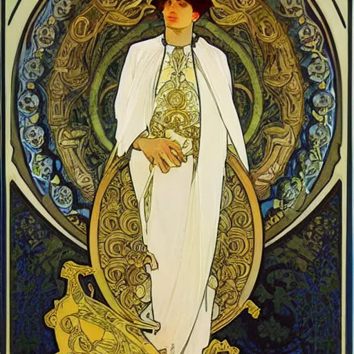 Image similar to an elegant white and gold acrylic painting of a roman emperor, by alphonse mucha