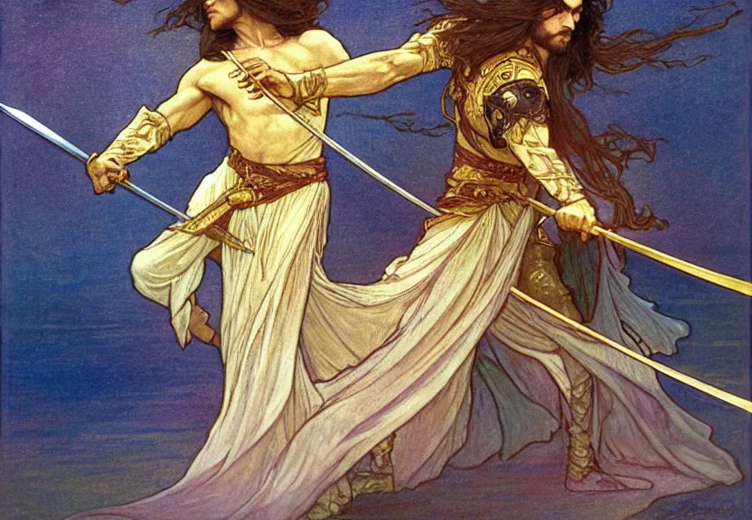 Image similar to one golden swordsman wielding two swords leans back as he dances elegantly in the wind, his robes and long hair flowing in the breeze, fantasy, Mucha, MTG, Game of Thrones, salsa dancing, Rossetti, Millais, anatomically correct