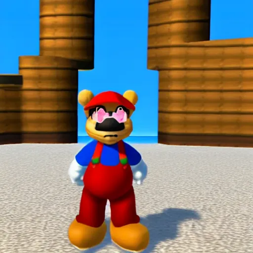 Prompt: Screenshot Of A bear Wearing Sunglasses And A Shirt On The Beach In Mario 64