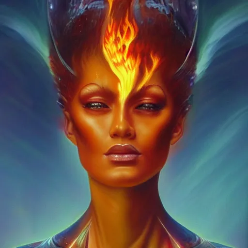 Image similar to A stunning portrait of a goddess with a body of flames by Jim Burns, 8K UHD, fantasy, Trending on artstation.