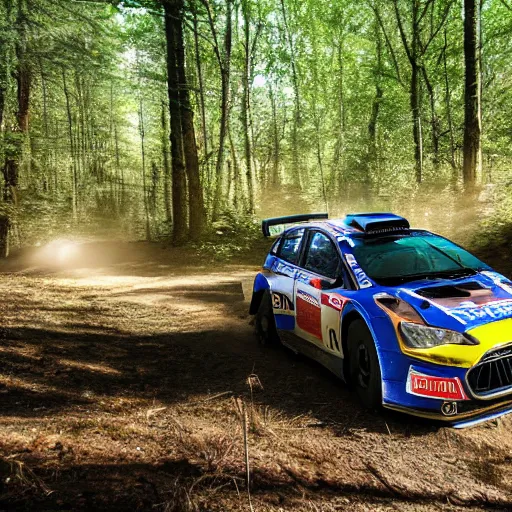 Prompt: 3 rally cars racing through a forest with a river behind them, sun shining through the trees, motion blur high detail ultra realistic 8k,-W 1024