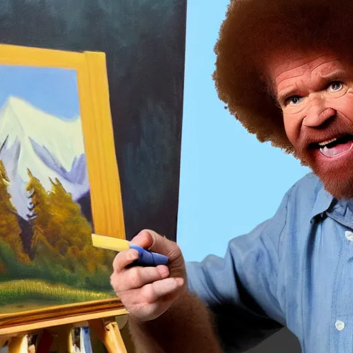 Image similar to angry bob ross shouting at a painting, real photo, dslr photo, 4 k, intricate.