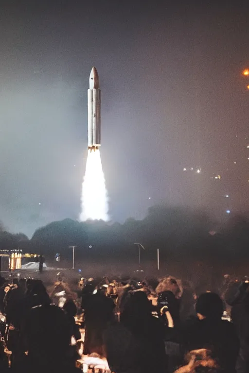 Image similar to photograph of a 2 0 2 0 s era rocket launching and leaving huge plumes of smoke, large crowds of people watching in astonishment, cinematic, night, rain