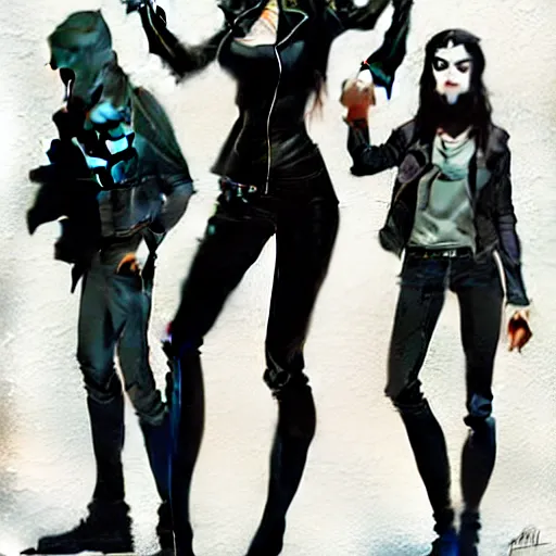 Image similar to rafael albuquerque comic art, peter mohrbacher, phil noto, steve niles, artgerm, pretty willa holland vampire sharp vampire teeth open mouth, symmetrical eyes, black leather jacket, jeans, long black hair