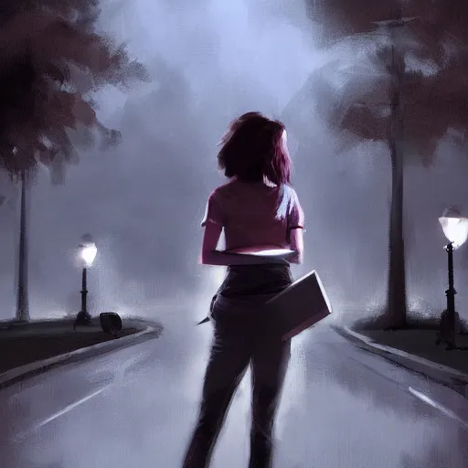 Image similar to a girl working on her laptop, city park, street lighting, dramatic, greg rutkowski, digital painting