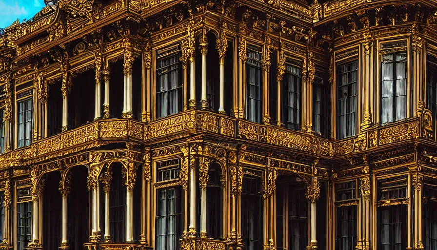 Prompt: portrait of a grand victorian palace, exterior, architecture, victorian, detailed, deep focus, dramatic lighting, ray tracing, photograph