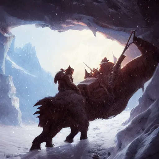 Image similar to riding the warcat into the deep ice cave. melancholy undertones, high fantasy art official contest submission greg rutkowski emissive lighting 3 8 4 0