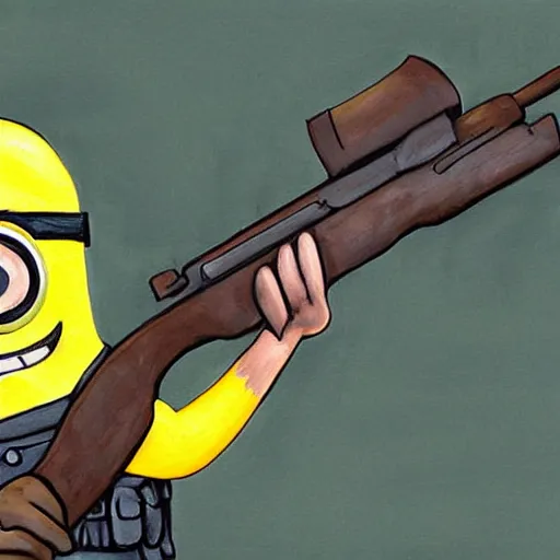 Image similar to a beautiful complex painting of a minion dressed as a soldier in world war ii the minion is shooting his gun