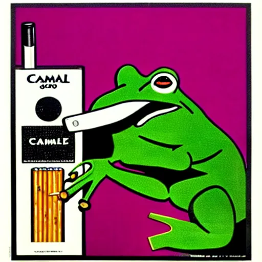 Prompt: A 1980s poster for Camel cigarettes with Camel Joe as a frog smoking a cigarette