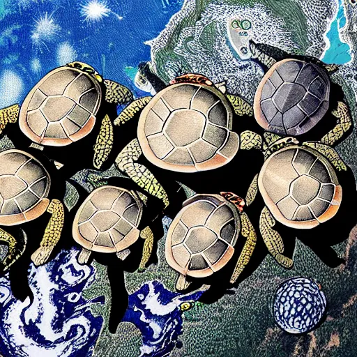 Image similar to a stack of turtles beneath a flat earth, round map, turtle pile