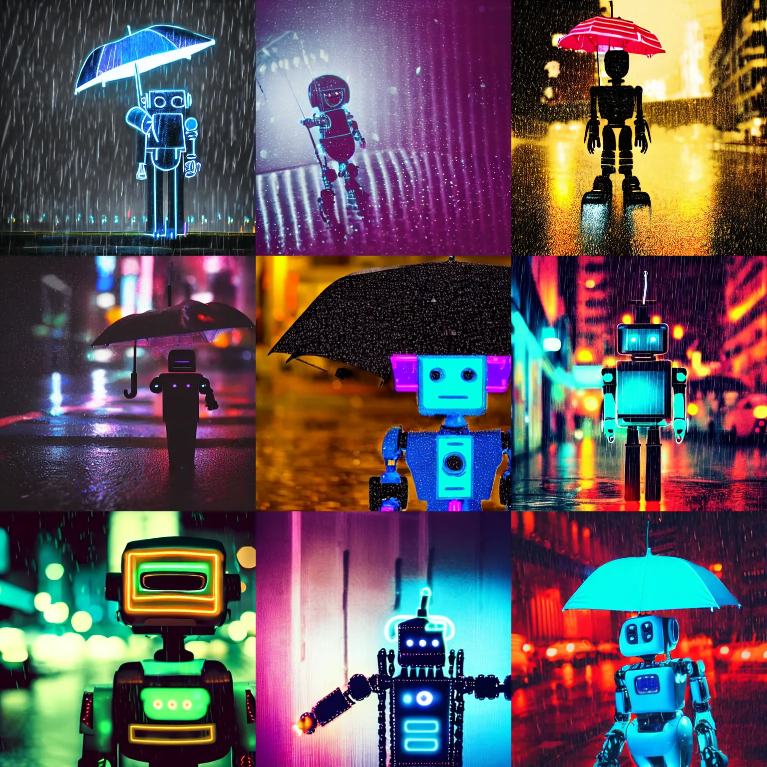 Prompt: close up of a robot holding an umbrella in a raining night in new york city neon lights moody 2 0 0 mm shot dark retrowave art by stanley lau