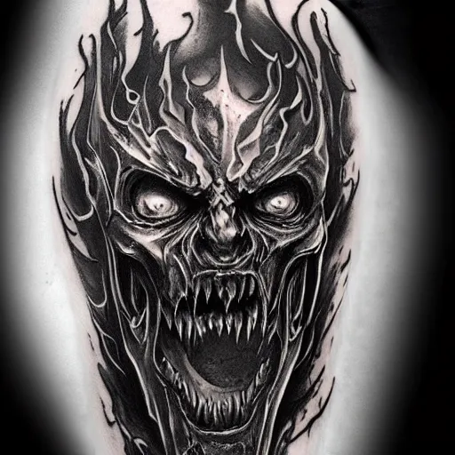 Prompt: diablo lord of terror, engulfed in flames, detailed greyscale tattoo by Dmitriy Tkach