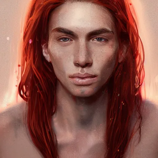 Image similar to portrait of a thin young man with long red hair, ponytail, a lot of freckles on his face, an earring, intricate, elegant, glowing lights, highly detailed, digital painting, artstation, concept art, smooth, sharp focus, illustration