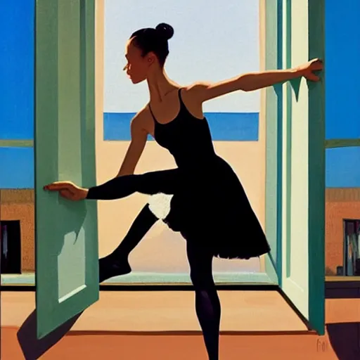 Image similar to artwork painting of a ballet dancer in a black tutu standing in front of a window with perfect blue sky by jack vettriano h 6 4 0