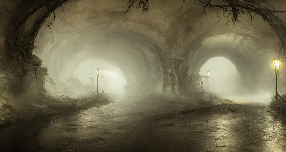 Prompt: a beautiful landscape painting, a single lane tunnel with overhead lights, water running down the walls, haunted, spooky, scary, by sam guay, moody lighting, hyperrealism, 4 k, octane render