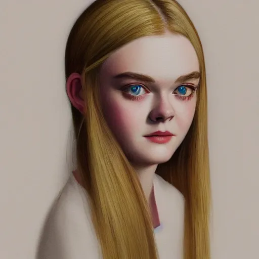 Image similar to professional painting of Elle Fanning in the style of Ilya Kuvshinov, head and shoulders portrait, symmetrical facial features, smooth, sharp focus, illustration, intricate, stormy weather, extremely detailed masterpiece,