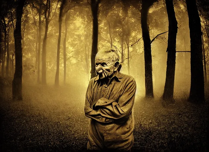 Image similar to old retro burnt out sepia photograph with scratches of an old and wrinkled man biting into a golden coin with his teeth. magical forest in the background with bokeh. Antique. High quality 8k. Intricate. Sony a7r iv 35mm. Award winning. Zdzislaw beksinski style