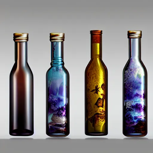 Prompt: Beautiful glass bottles with the multiverse inside. Fantasy. Super detail, 4k, wow, artstation trending.
