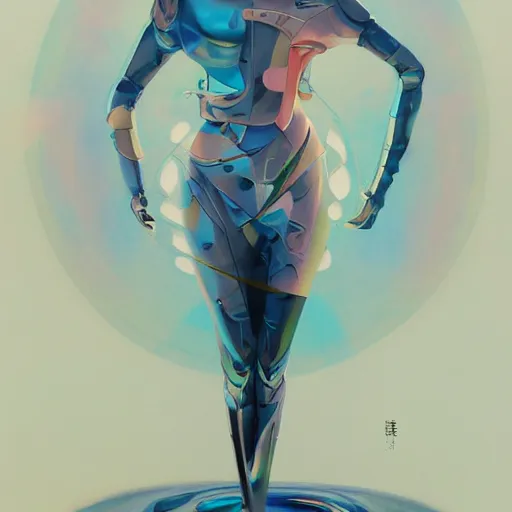 Image similar to scifi futurism automaton minimalism chrome by peter mohrbacher art Hajime Sorayama airbrush hyperrealism model abstract shatter fragments cubism futurism pastel blue soft flat minimal minimalism portrait face jackson pollock ukiyo-e lithograph mark ruthko swirl escape noise shimmer glow paint