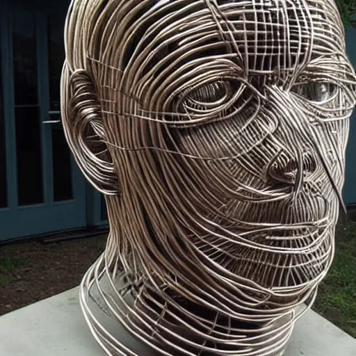 Prompt: human head sculpture made from wire