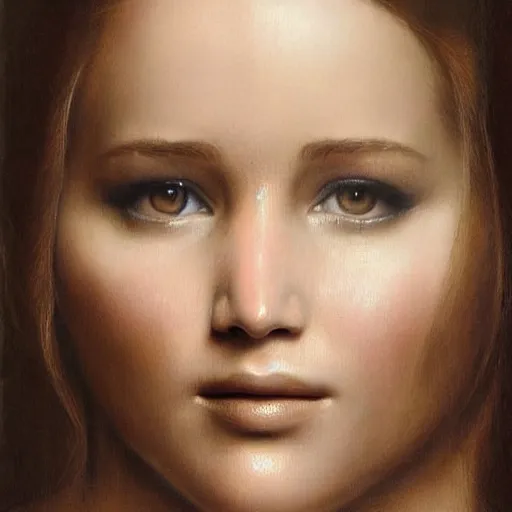 Prompt: A striking hyper real painting of Jennifer Lawrence by da Vinci.