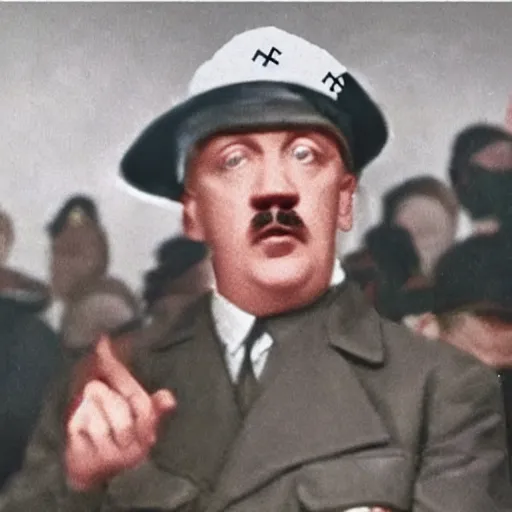 Prompt: hitler wearing a maga hat, rap video still,