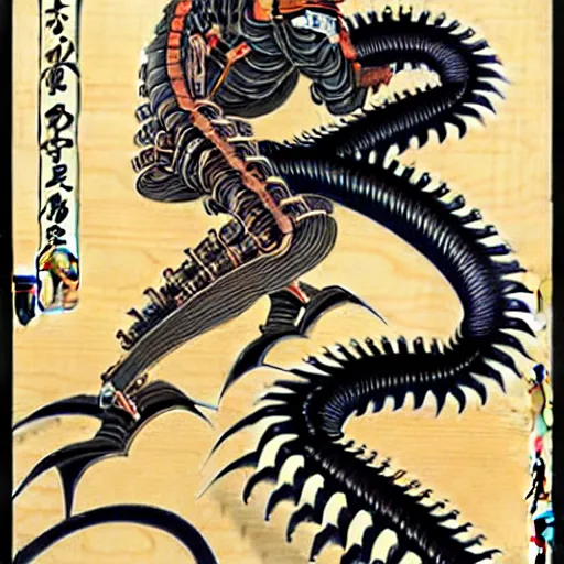 Prompt: biomechanical ukiyo - e woodblock, very detailed, hyperrealistic